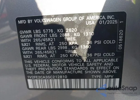 2025 Volkswagen Atlas Cross Sport 2.0T Sel Premium R-Line z USA, uszkodzony, nr VIN 1V2FE2CA3SC212810